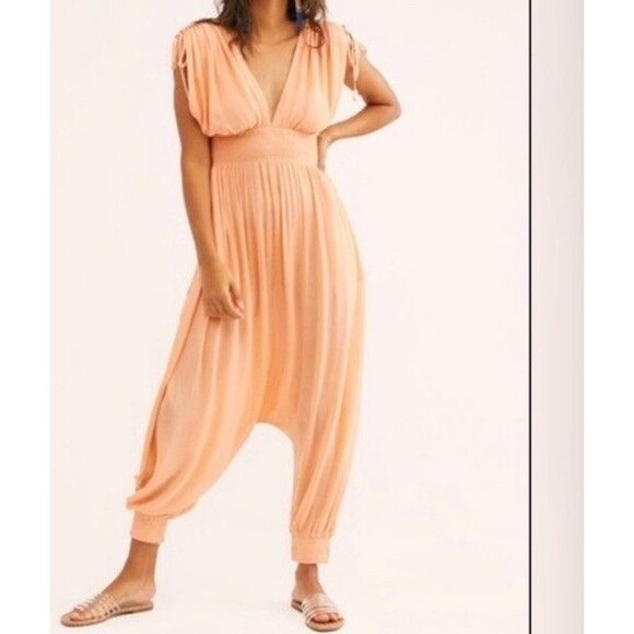 Free People Beach Yoga Boho Gauze Jumpsuit, Harem Pant, Smocked Elastic Waist - Picture 1 of 12